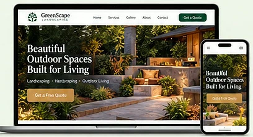GreenScape Landscaping website shown on a laptop and phone