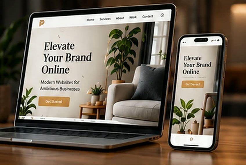 Laptop and phone showing the Prestige “Elevate Your Brand Online” website