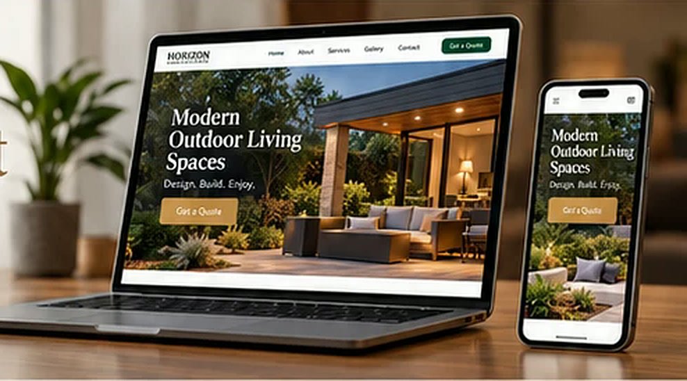 Laptop and phone showing the Horizon “Modern Outdoor Living Spaces” website