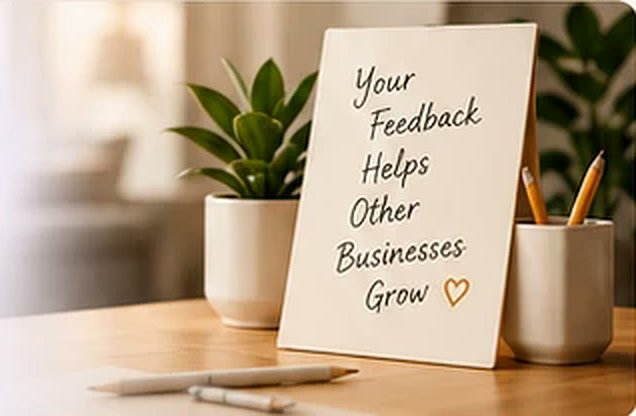 Desk note reading “Your Feedback Helps Other Businesses Grow” beside a plant